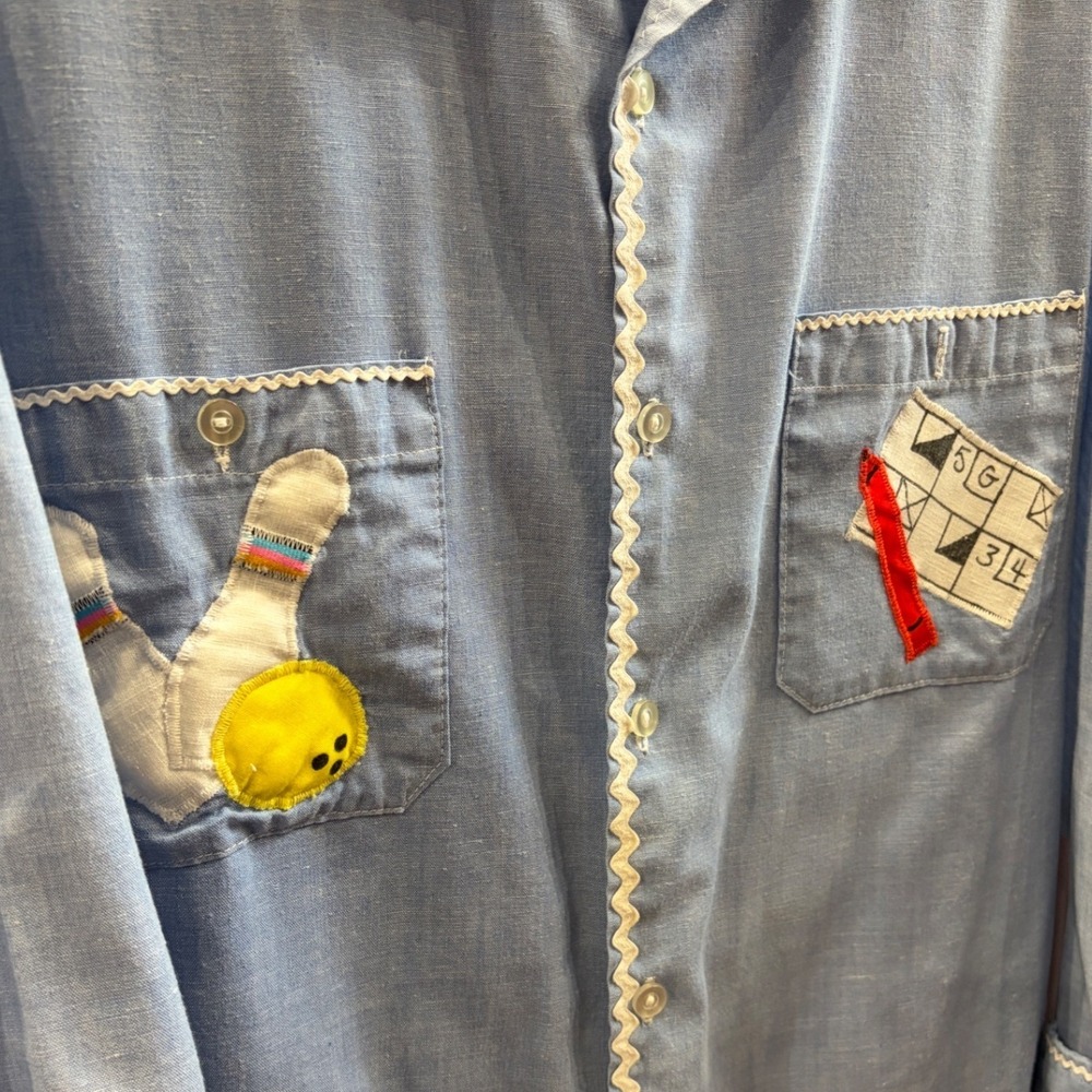 Vintage Cottage Krafts Bowling Shirt Blue Rickrack Applique Retro 1950s Womens L - Picture 5 of 7